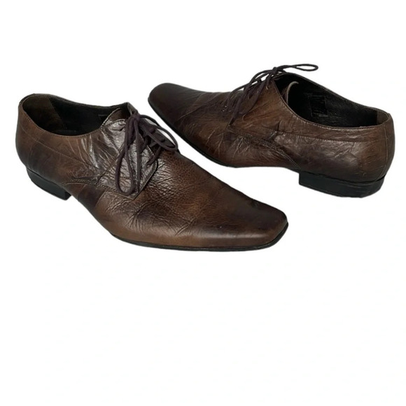 LUKETTI Mens Squared Pointed Toe Grain Leather Oxford Shoes Lace Up Brown 44 - Picture 2 of 14